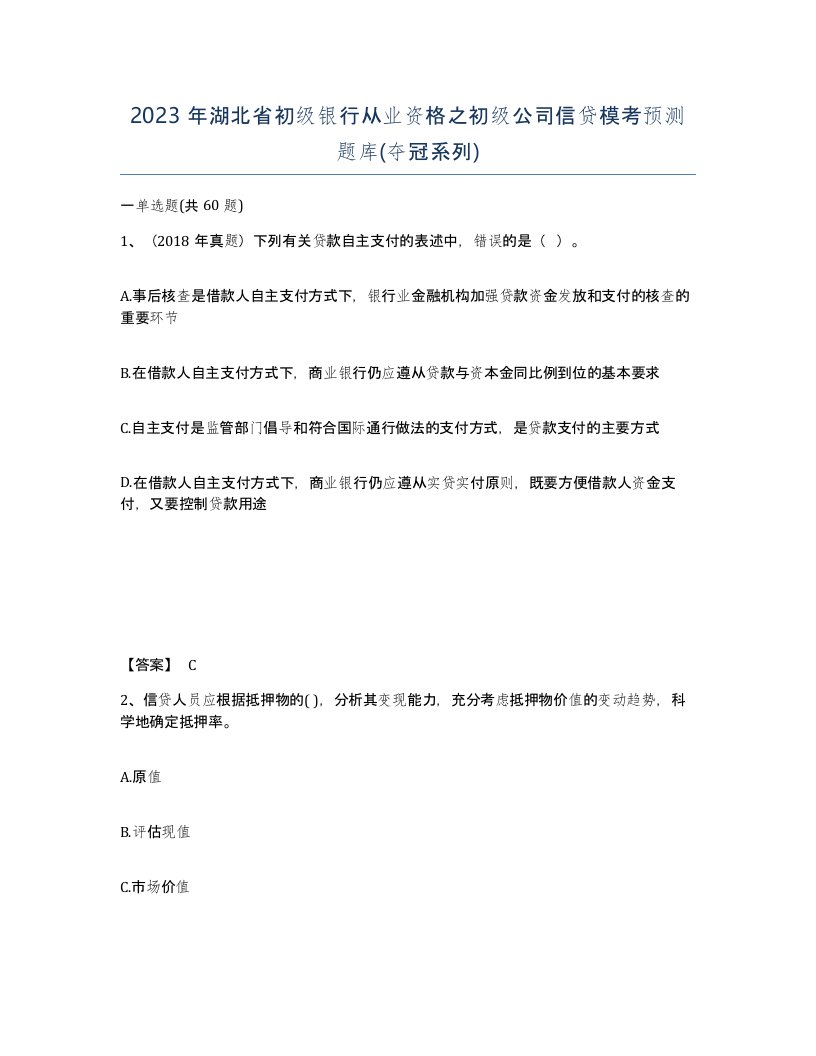 2023年湖北省初级银行从业资格之初级公司信贷模考预测题库夺冠系列