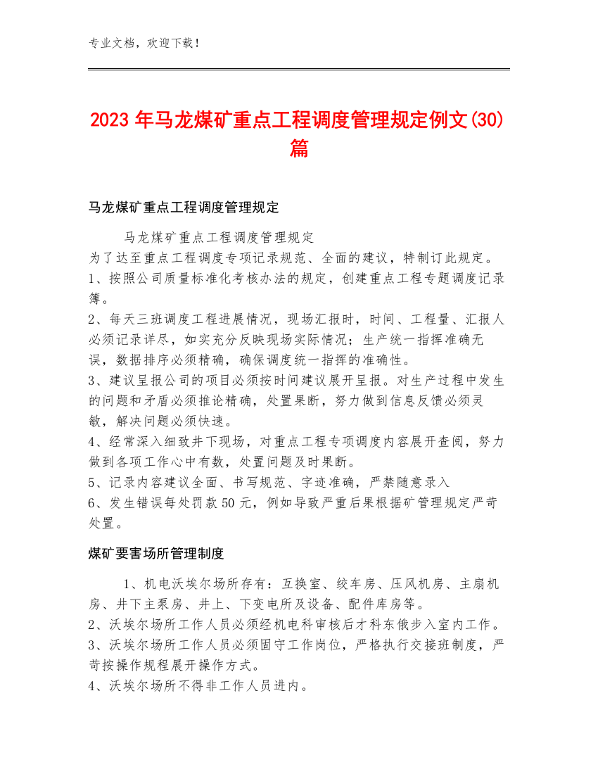 2023年马龙煤矿重点工程调度管理规定例文(30)篇