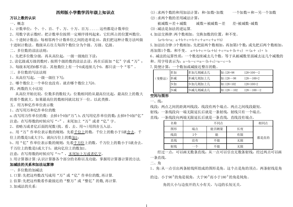 西师版四年级数学知识点