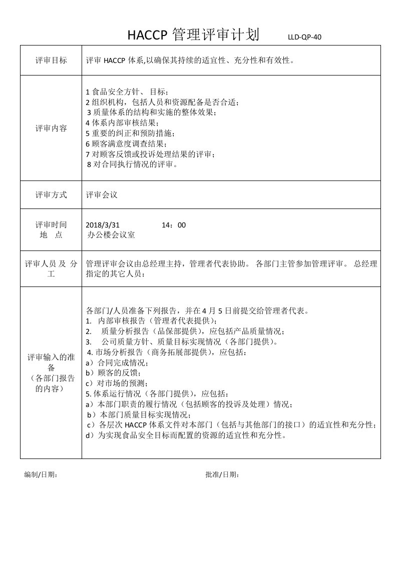 HACCP管理评审计划