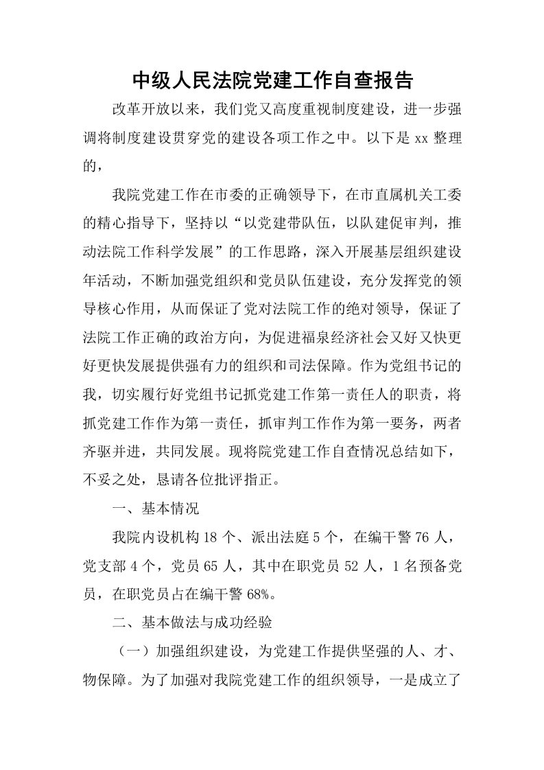 中级人民法院党建工作自查报告