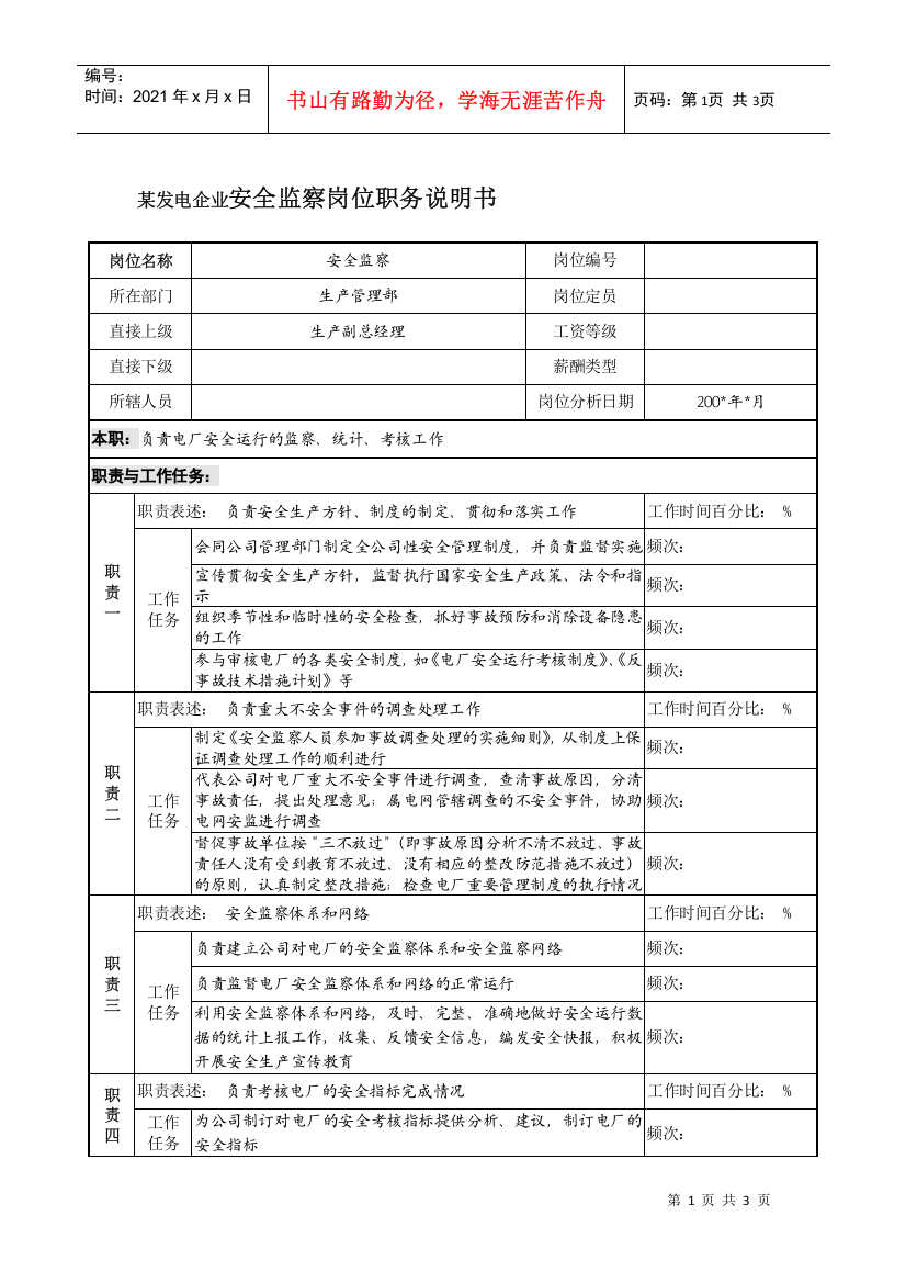 某发电企业安全监察岗位职务说明书