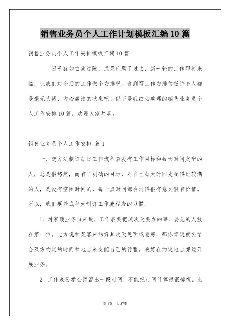 销售业务员个人工作计划模板汇编10篇