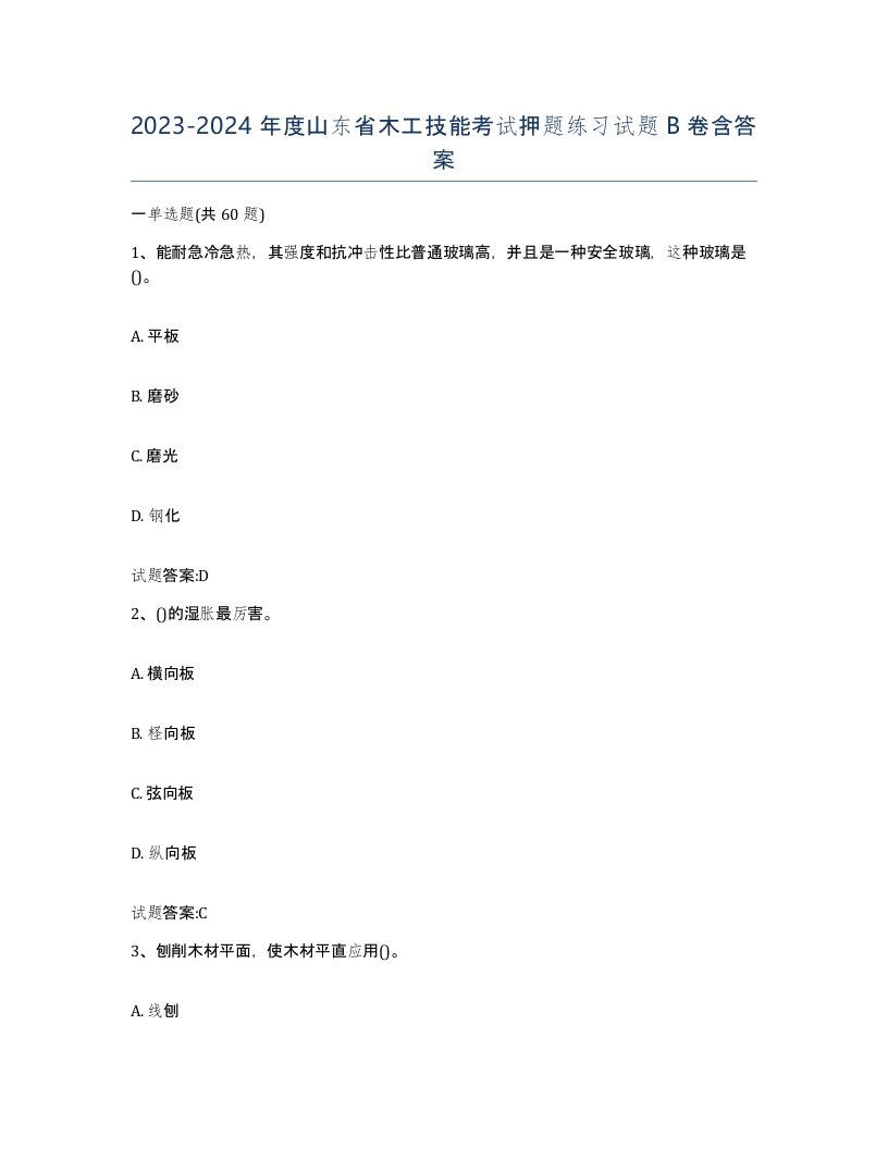 20232024年度山东省木工技能考试押题练习试题B卷含答案