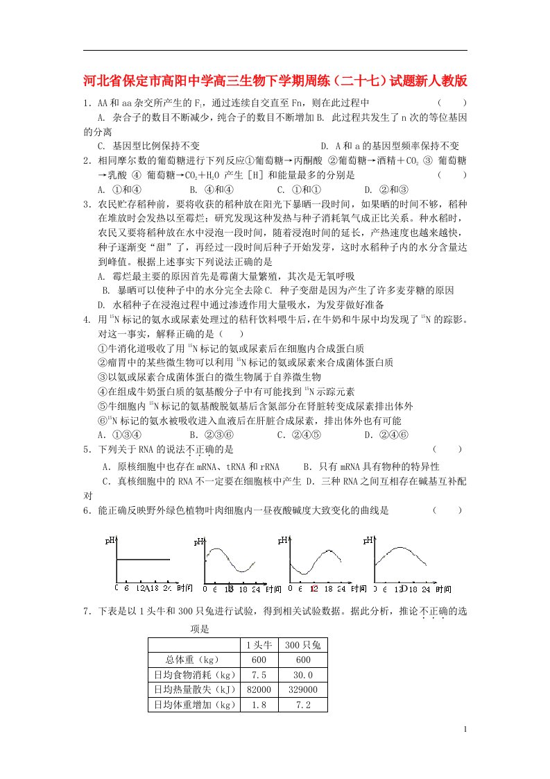 河北省保定市高阳中学高三生物下学期周练试题（二十七）新人教版