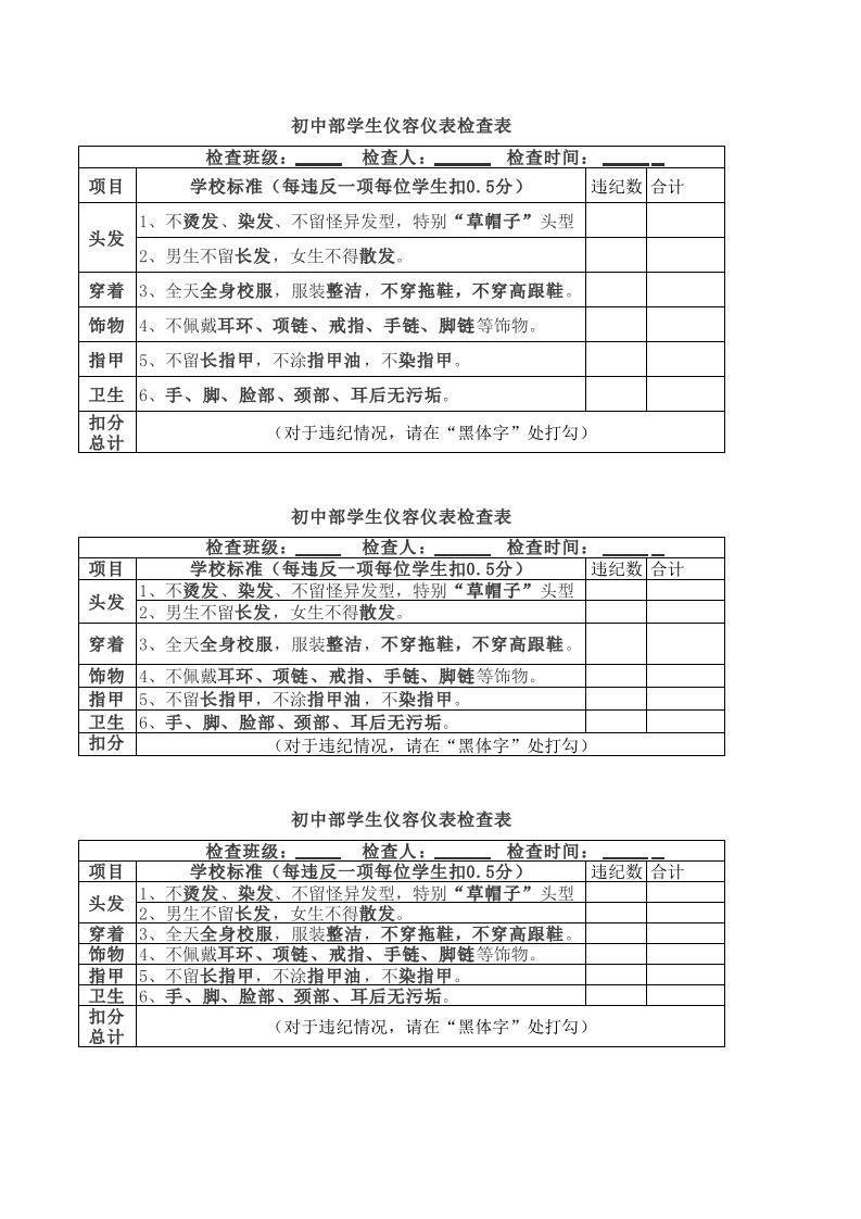 初中部仪容仪表检查表