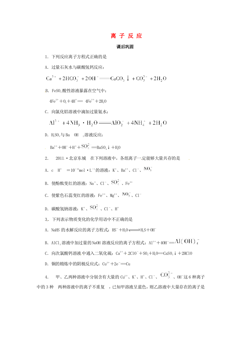 山东省新泰市汶城中学高中化学《离子反应》课后巩固