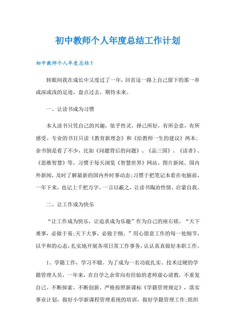 初中教师个人年度总结工作计划