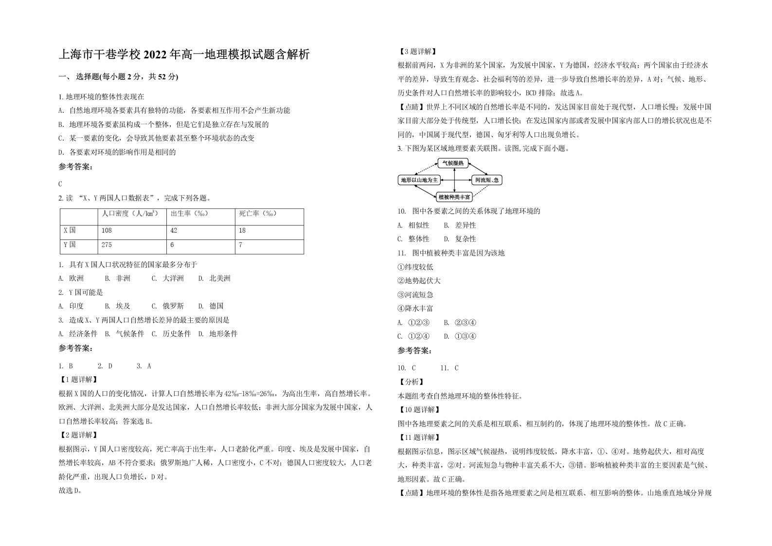 上海市干巷学校2022年高一地理模拟试题含解析