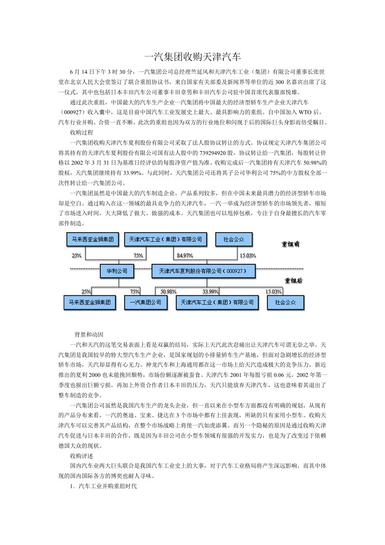 一汽集团收购天津汽车