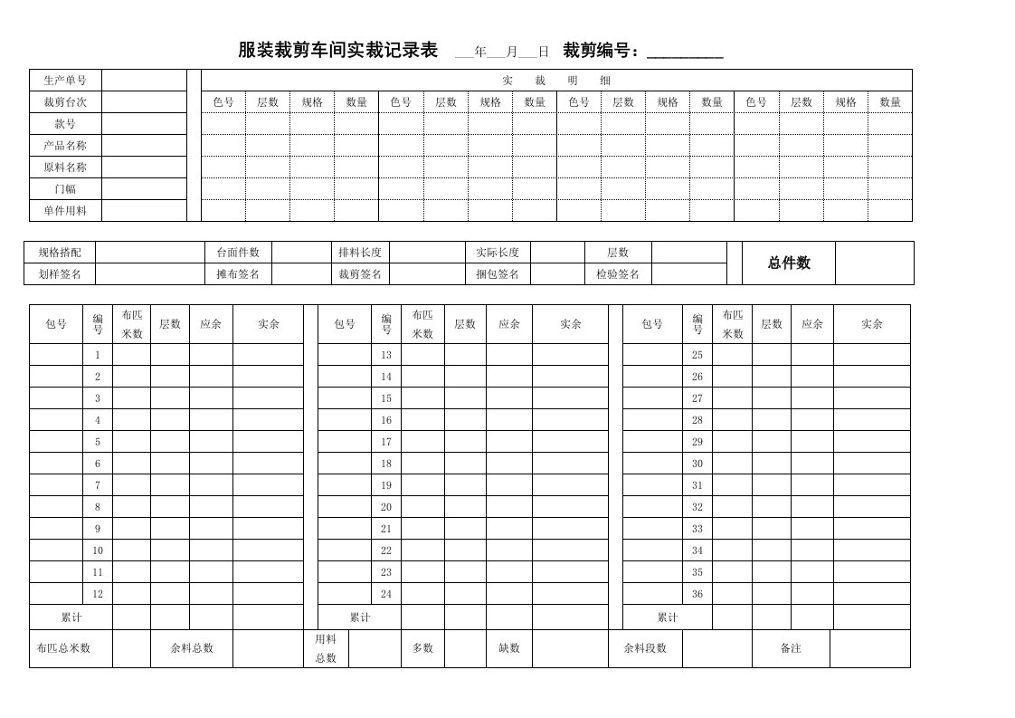 裁剪车间实裁记录表