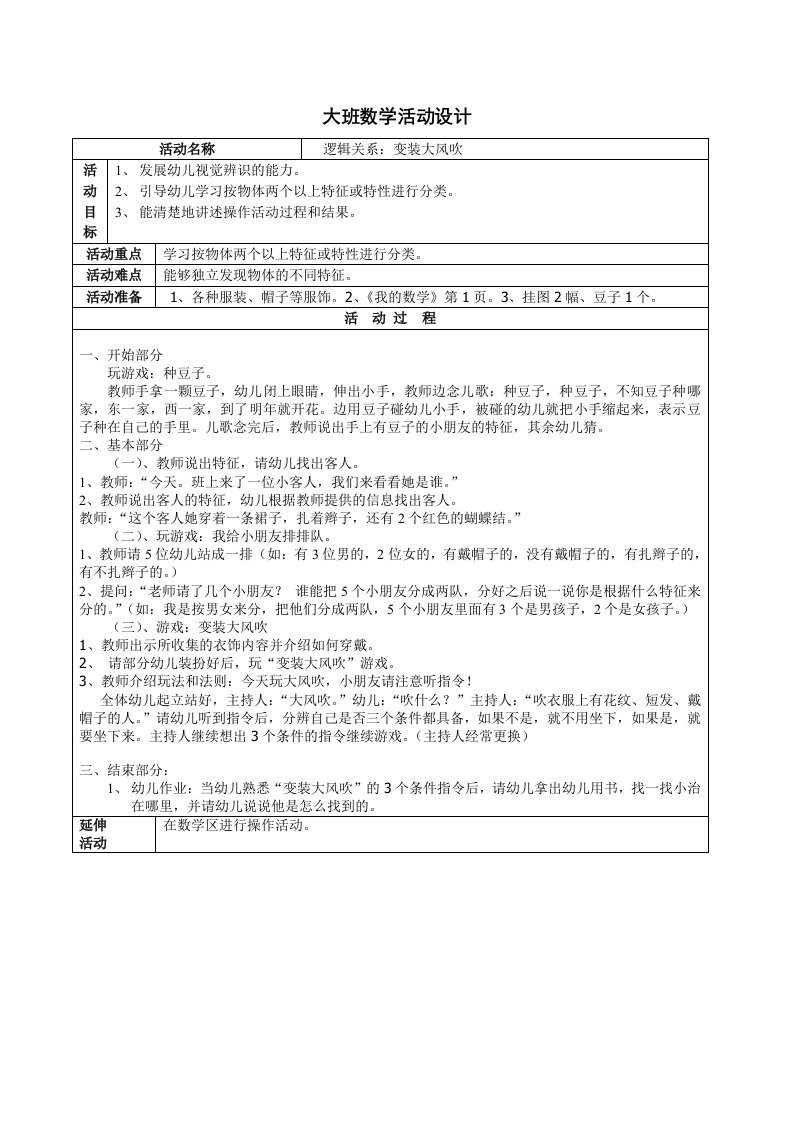 大班数学：变装大风吹