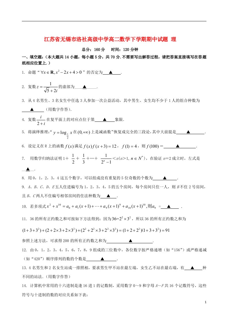 江苏省无锡市洛社高级中学高二数学下学期期中试题