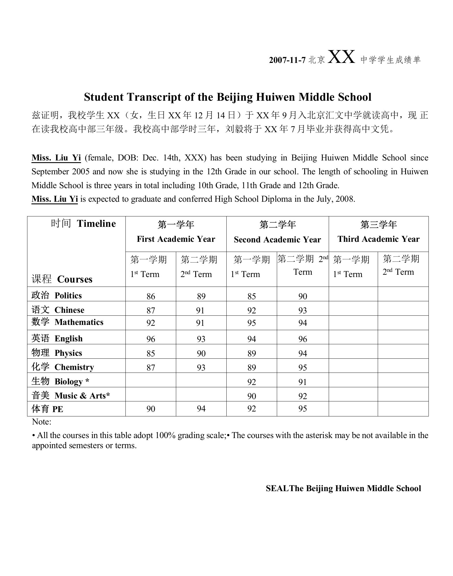 高中成绩单中英文模板1