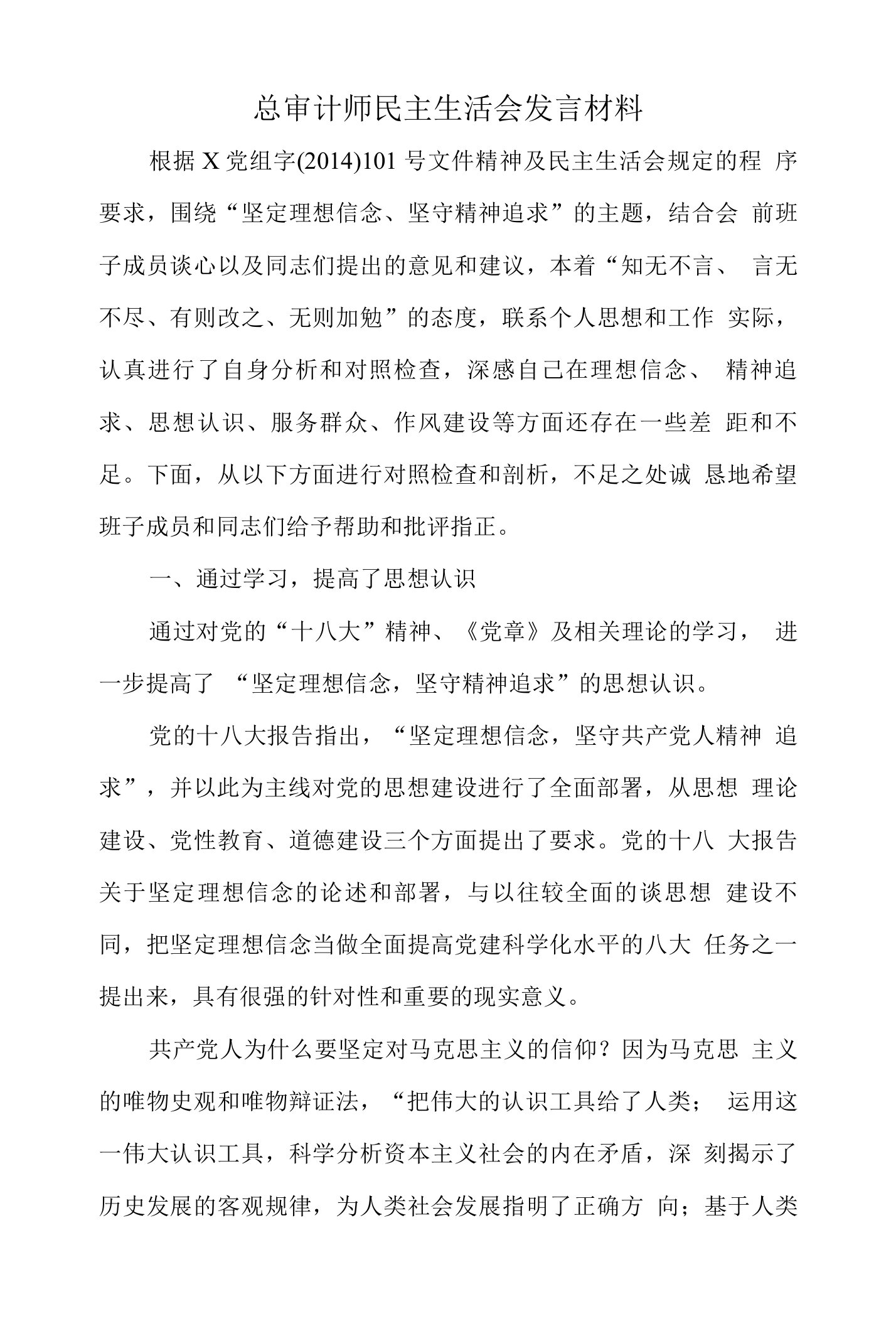 总审计师民主生活会发言材料