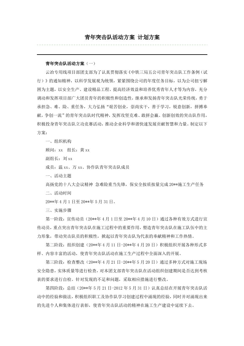 青年突击队活动方案计划方案