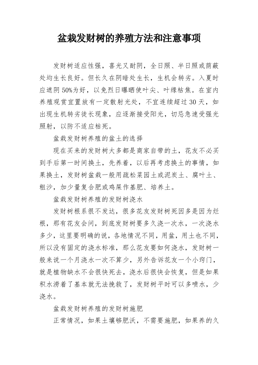 盆栽发财树的养殖方法和注意事项