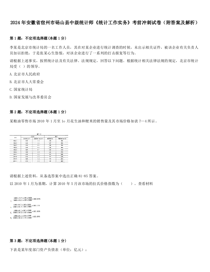 2024年安徽省宿州市砀山县中级统计师《统计工作实务》考前冲刺试卷（附答案及解析）