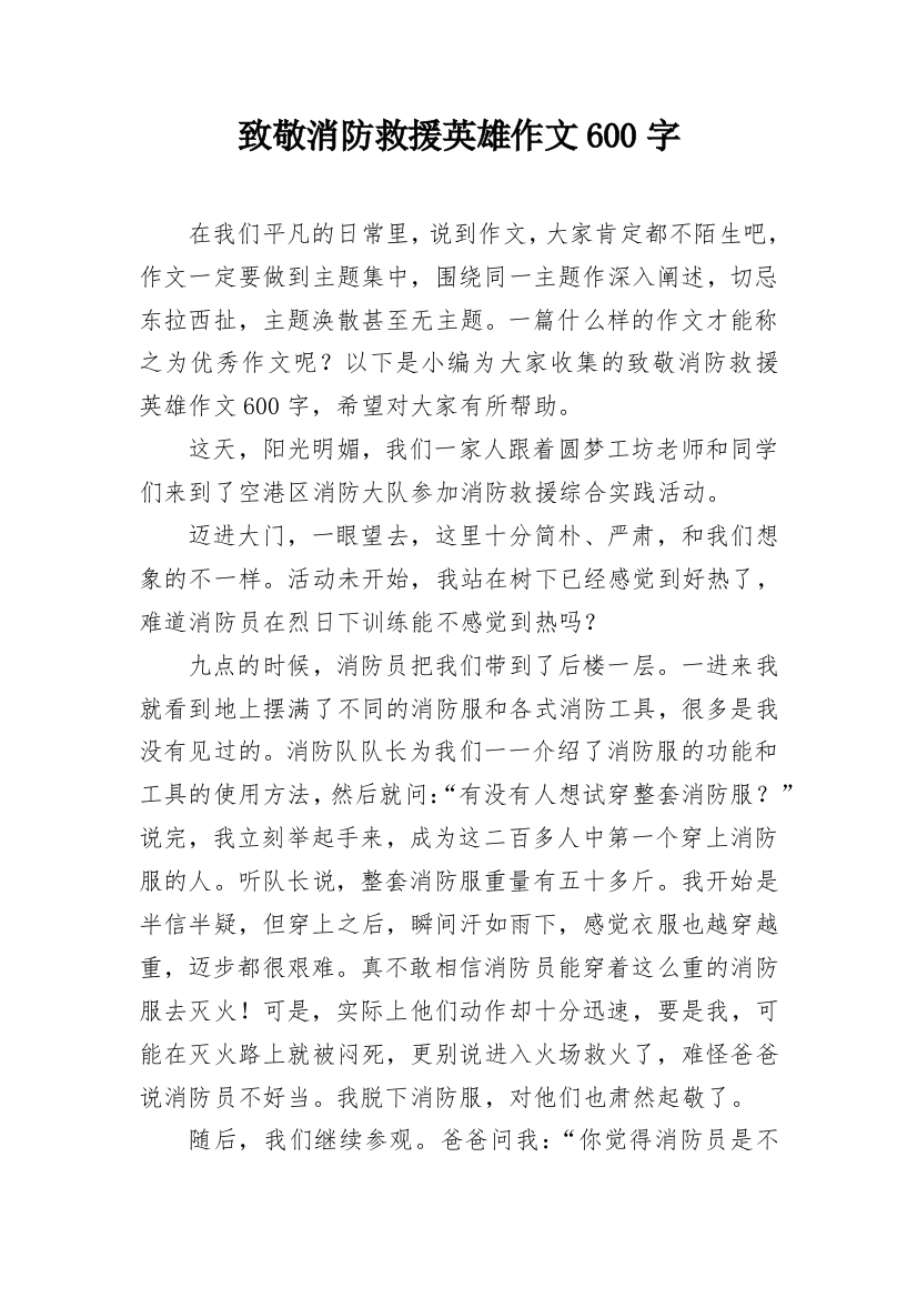 致敬消防救援英雄作文600字