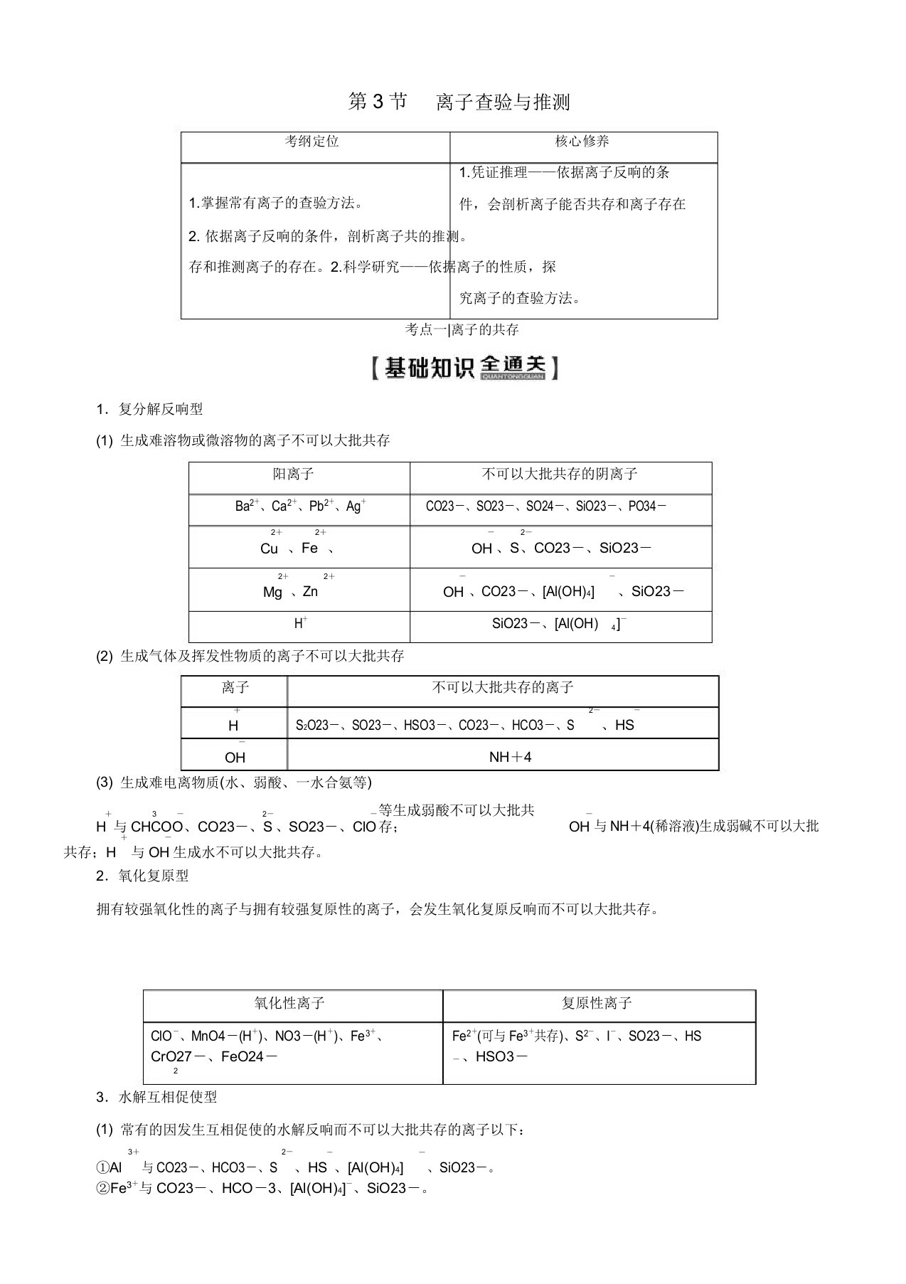 2020版高考化学一轮复习第1部分第2章第3节离子检验与推断教学案鲁科版