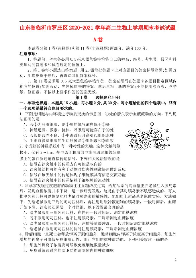 山东省临沂市罗庄区2020_2021学年高二生物上学期期末考试试题A卷202105280139