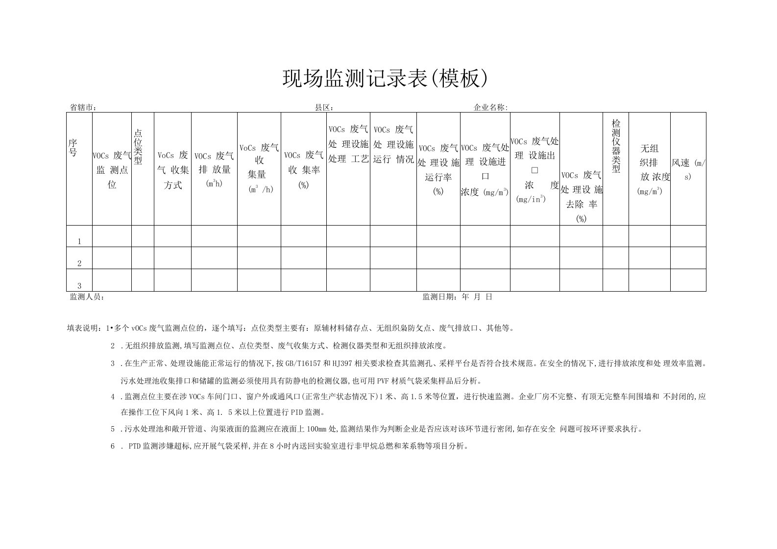 挥发性有机物现场监测记录表(模板)