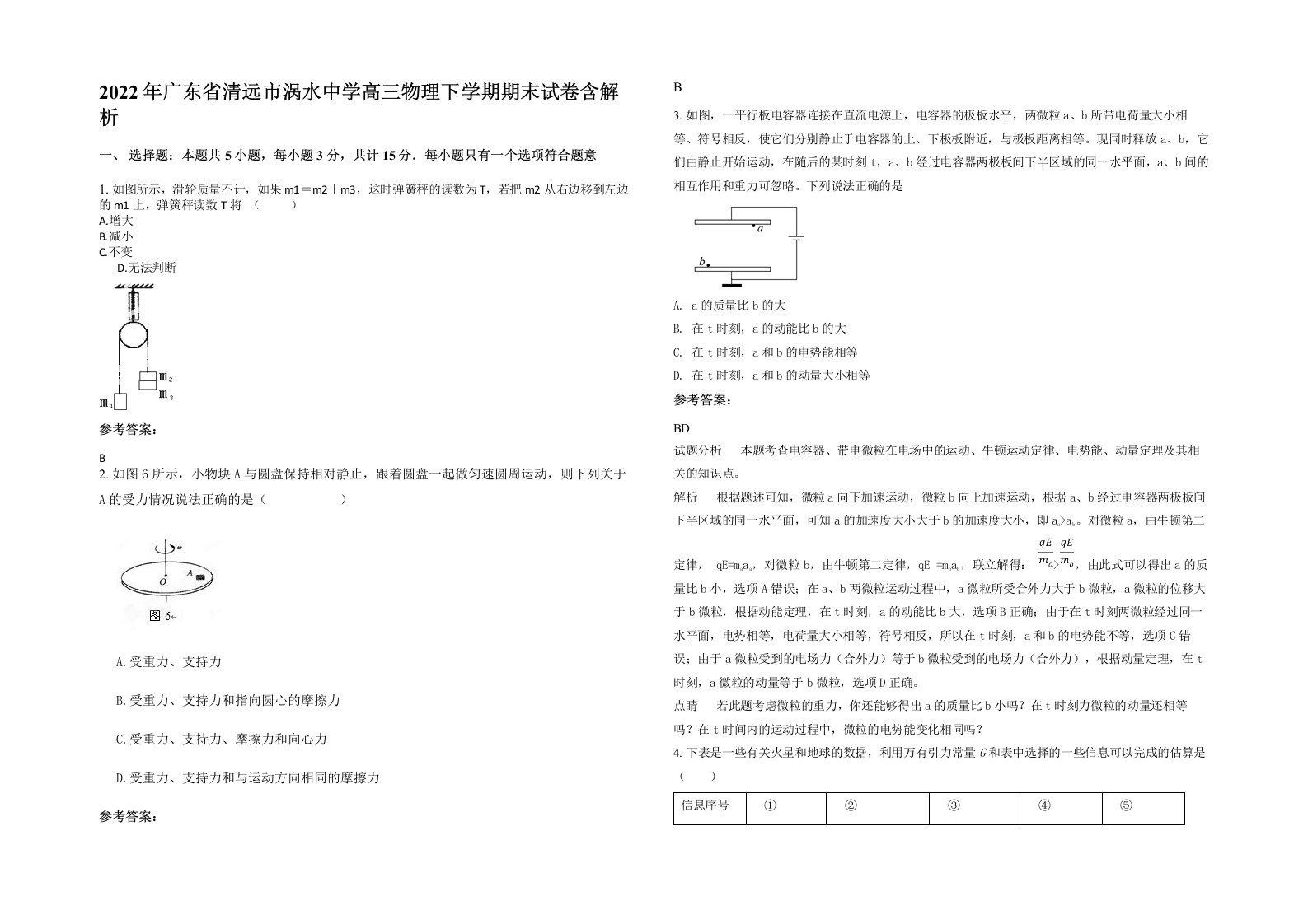 2022年广东省清远市涡水中学高三物理下学期期末试卷含解析