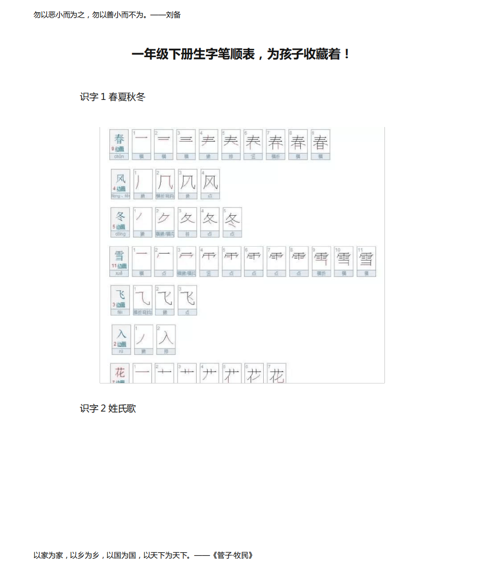 一年级下册生字笔顺表，为孩子收藏着！