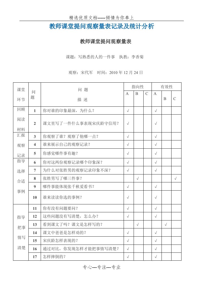 教师课堂提问观察量表记录及统计分析(共4页)