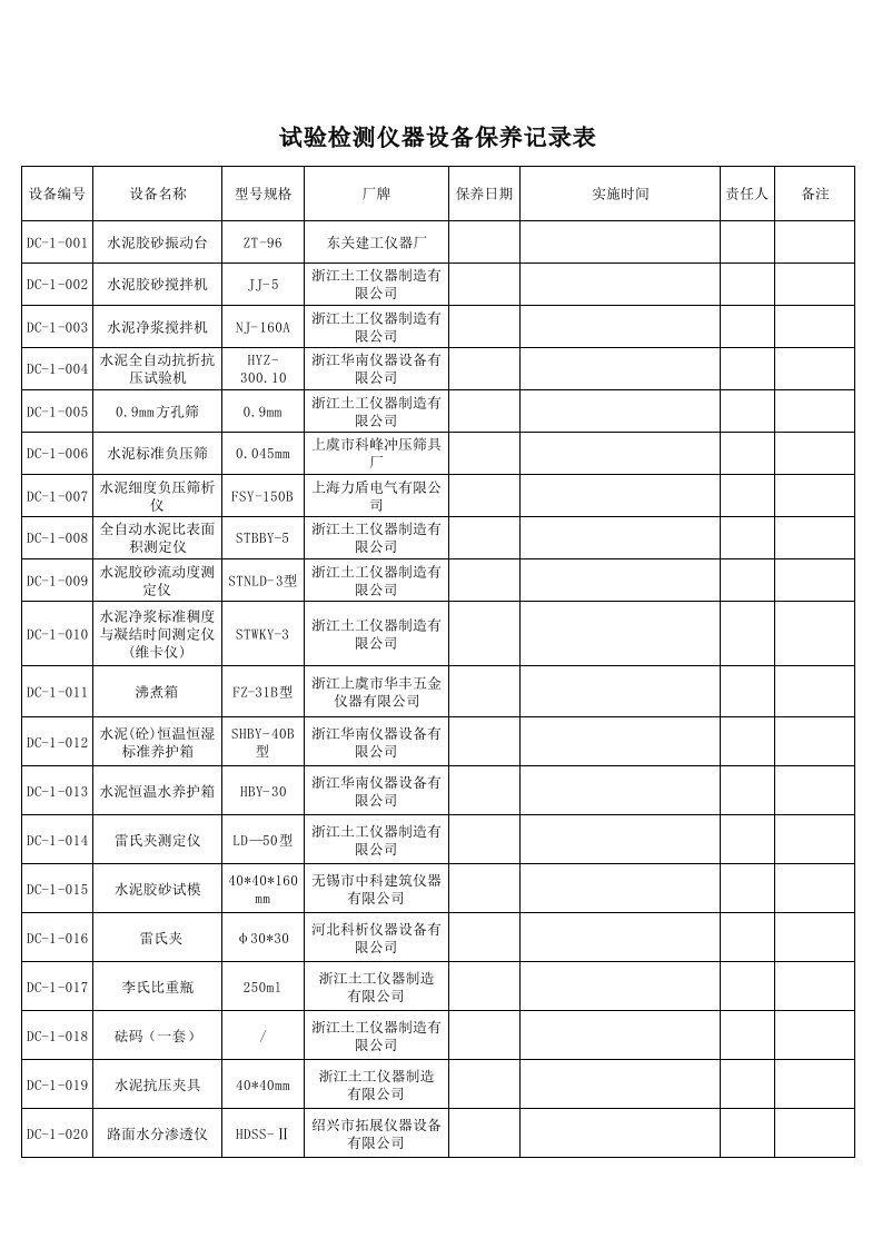 工地试验室仪器设备维护保养计划