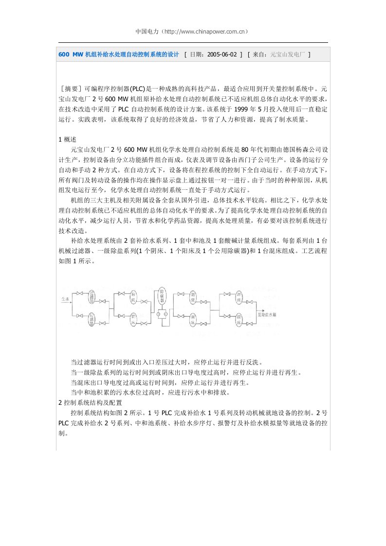 MW机组补给水处理自动控制系统的设计