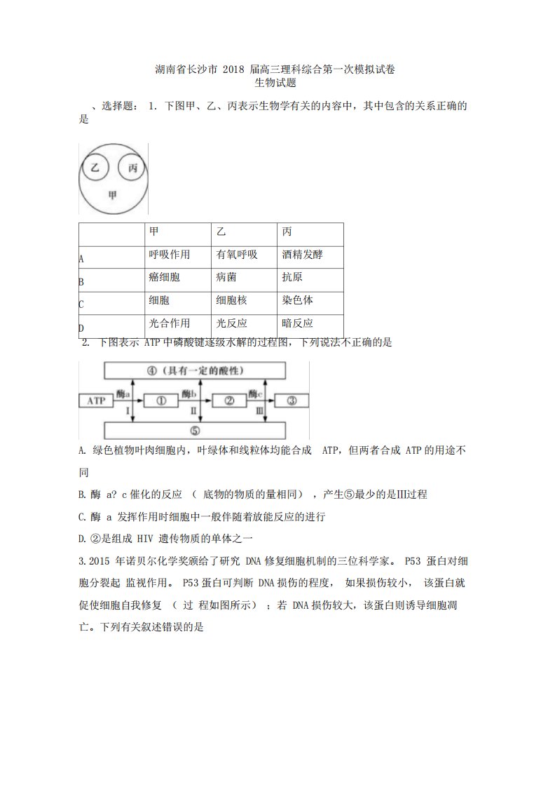 湖南省长沙市高三第一次模拟考试生物试题