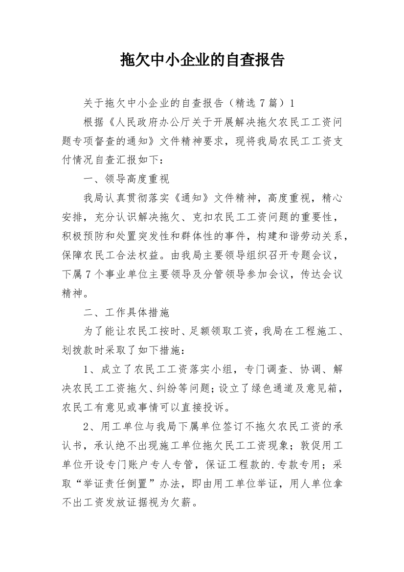 拖欠中小企业的自查报告