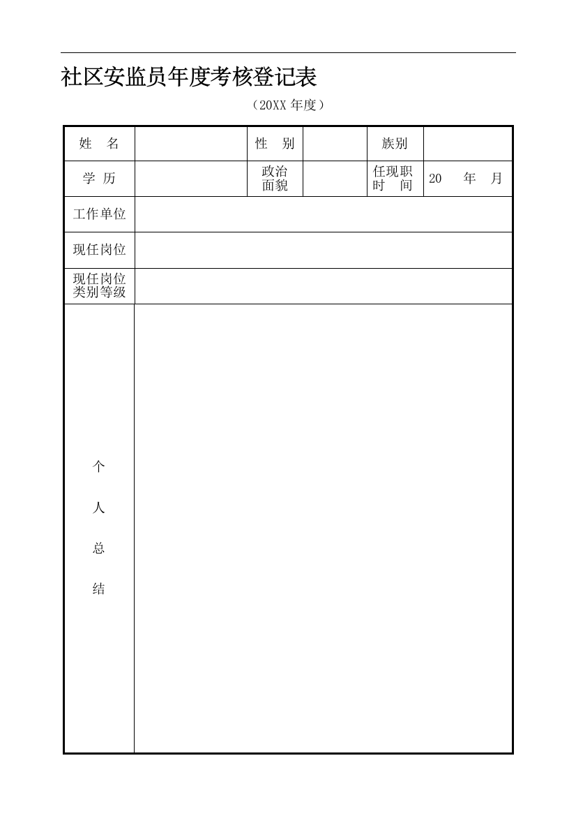 XX市XX街道安全生产监督管理站-----社区安监员年度考核登记表.