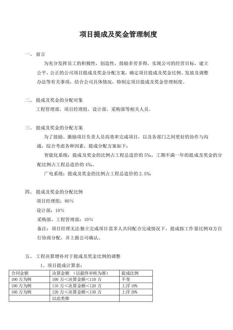 工程公司项目提成及奖金管理制度