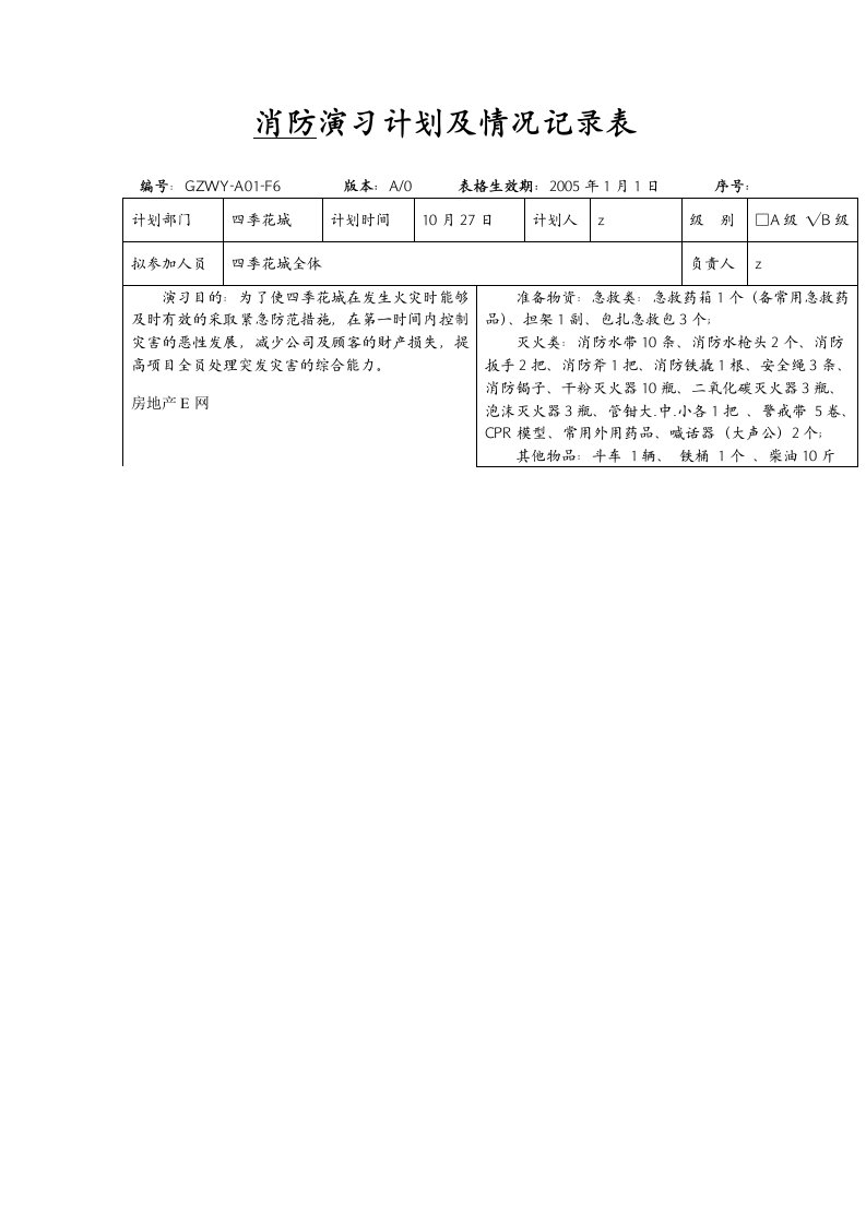 万科消防演习计划及情况记录表