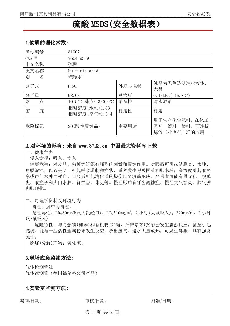 硫酸安全数据表（MSDS)