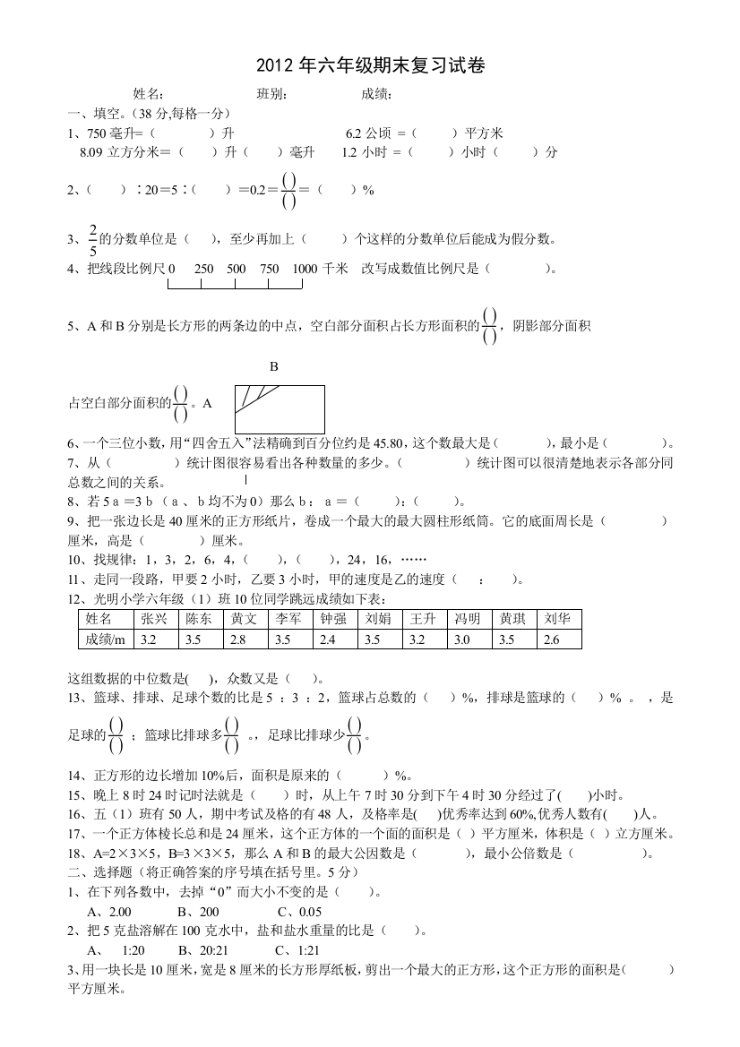 2012年人教版六年级数学毕业模拟卷