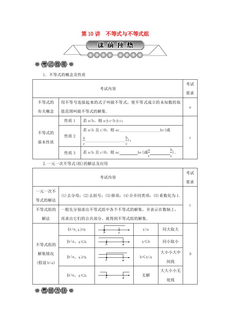 浙江省2022年中考数学总复习第二章方程与不等式第10讲不等式与不等式组讲解篇