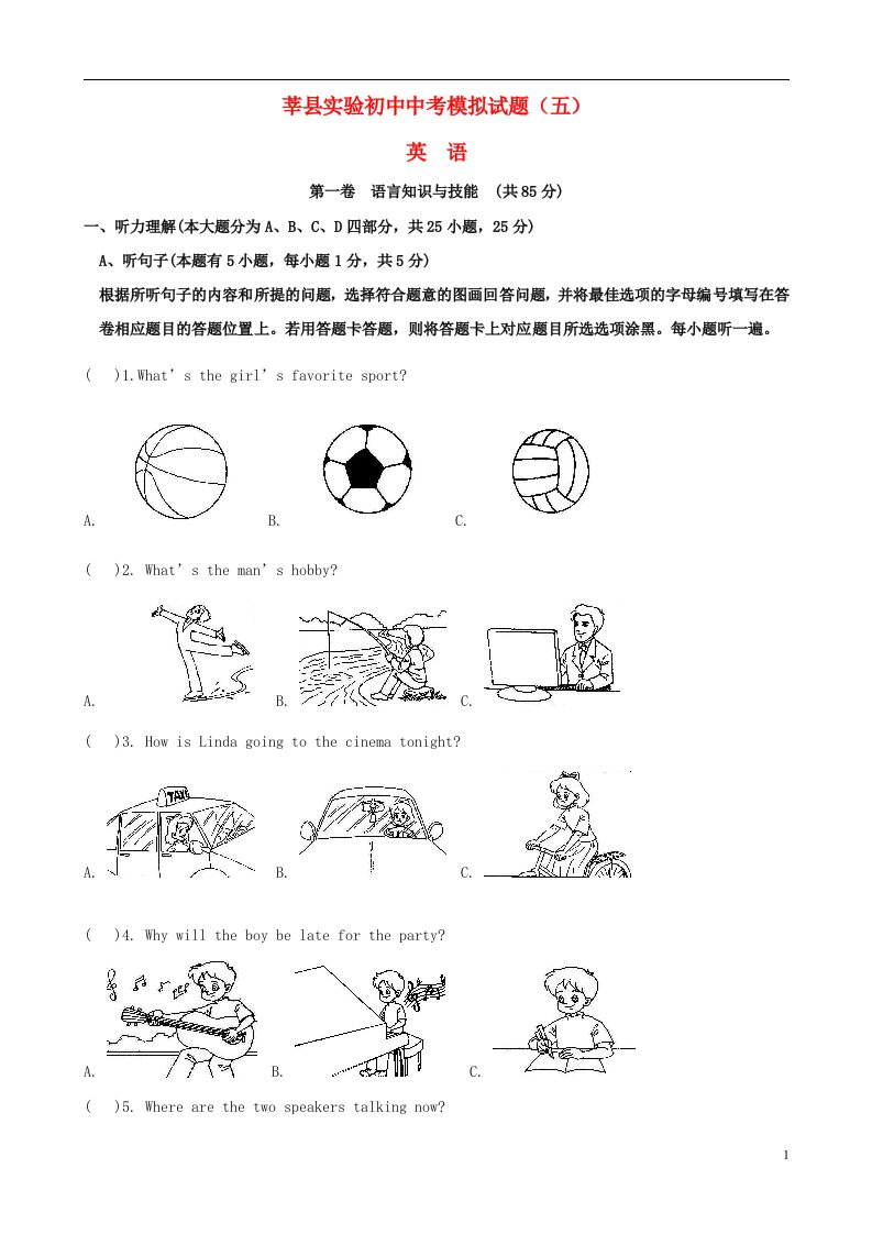 山东省莘县实验初中中考英语模拟试题（5）