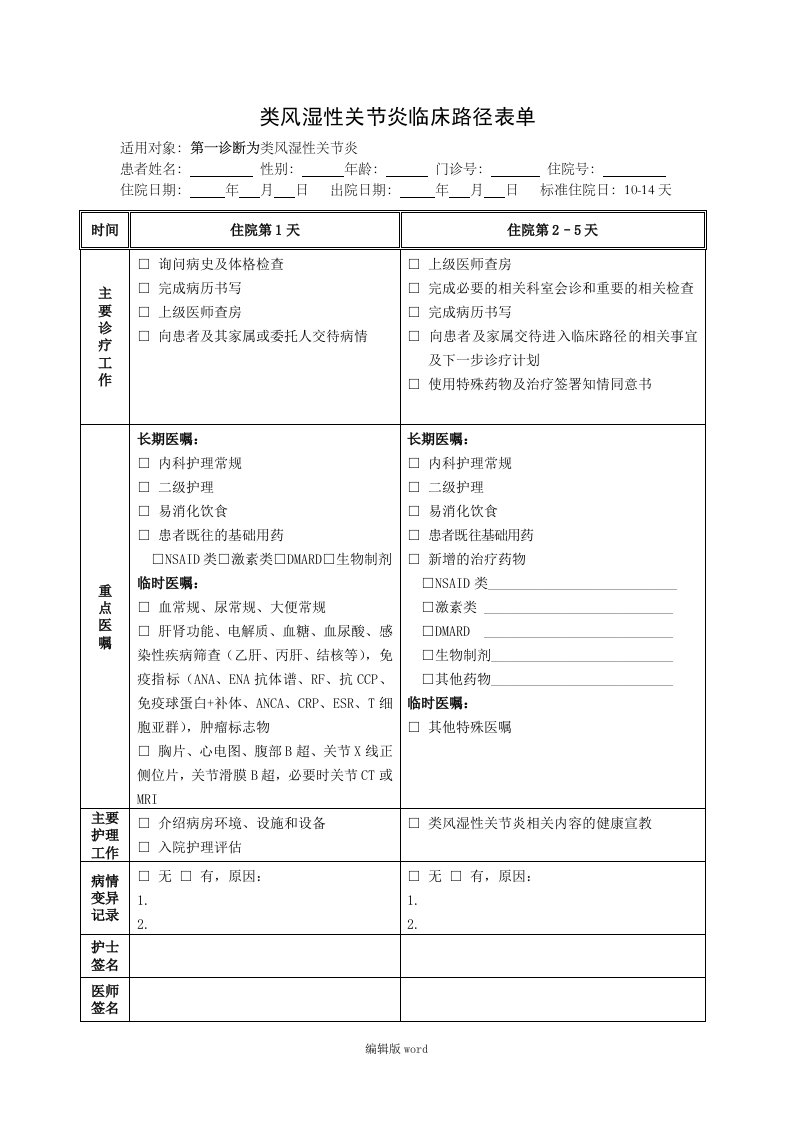 类风湿性关节炎临床路径表单