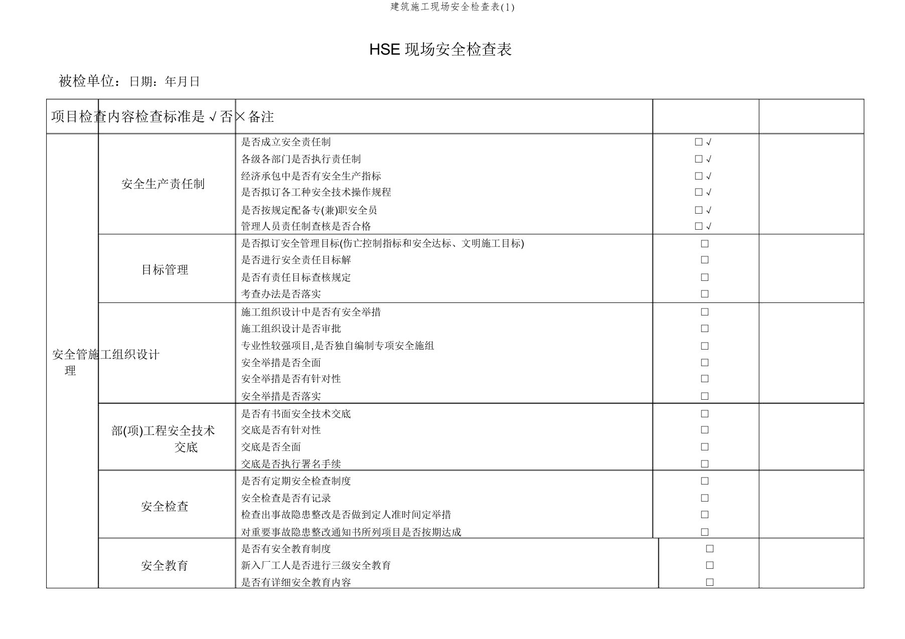 建筑施工现场安全检查表(1)