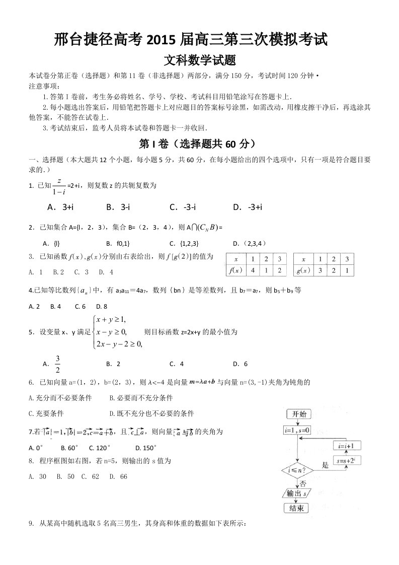 邢台市捷径高考2015届高三第三次模拟考试文科数学