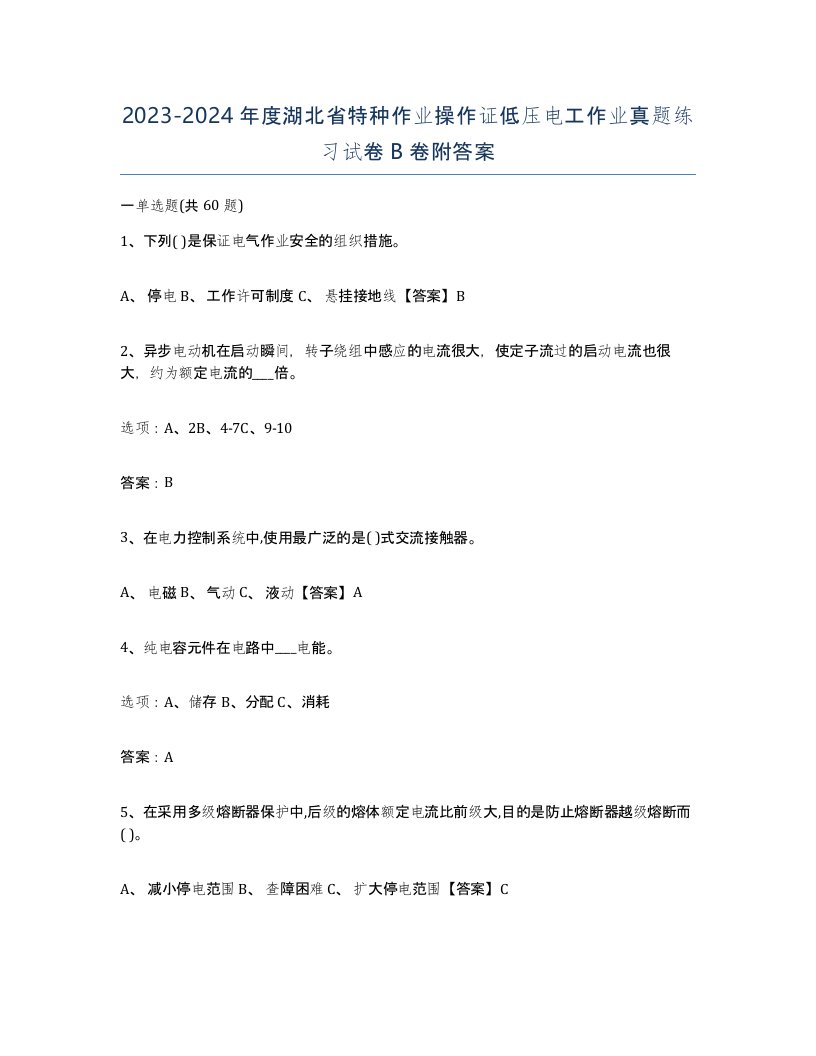 2023-2024年度湖北省特种作业操作证低压电工作业真题练习试卷B卷附答案