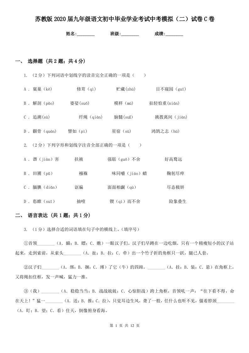 苏教版2020届九年级语文初中毕业学业考试中考模拟（二）试卷C卷