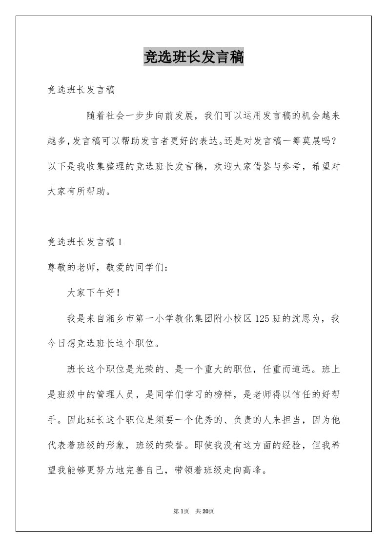 竞选班长发言稿精选2