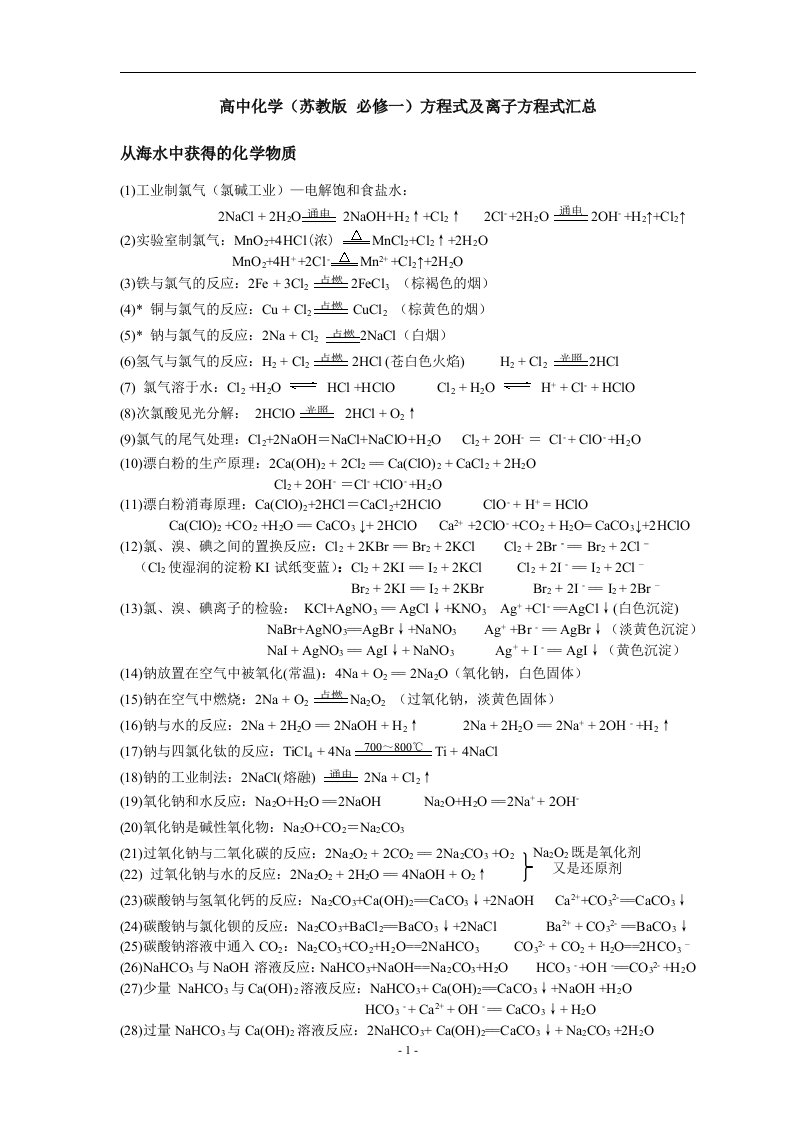 高中化学苏教版必修一方程式及离子方程式汇总