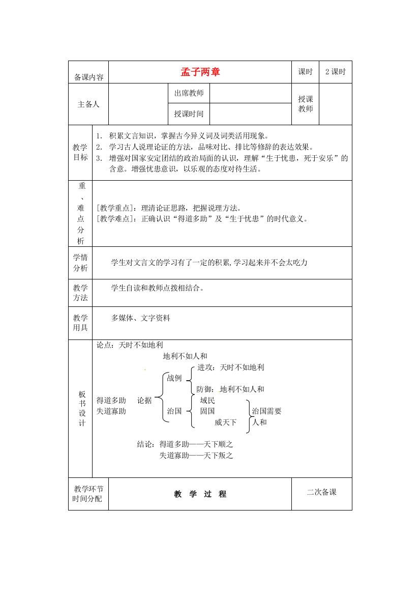 2018年人教版语文九下《孟子两章》教学设计2