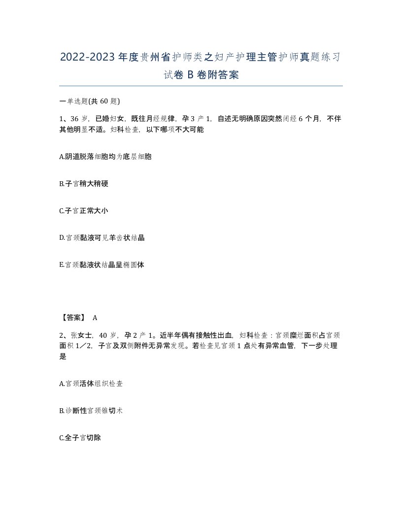 2022-2023年度贵州省护师类之妇产护理主管护师真题练习试卷B卷附答案