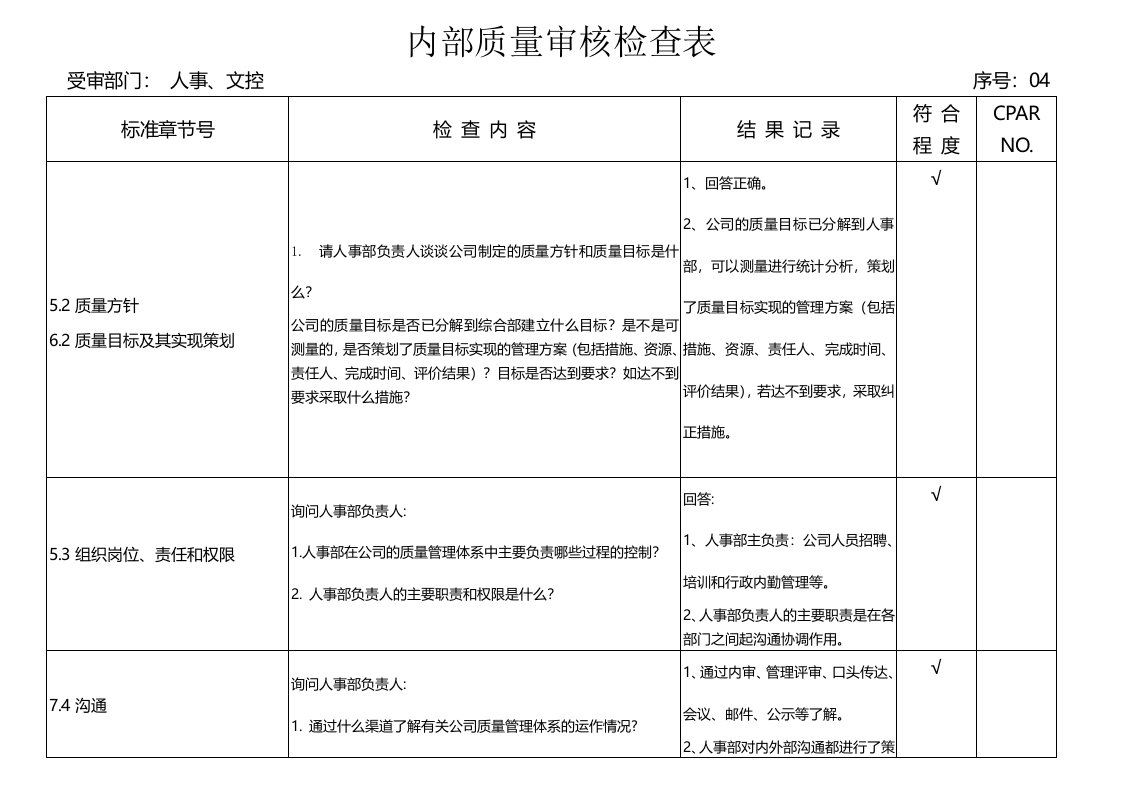 人事行政部内部质量审核检查表